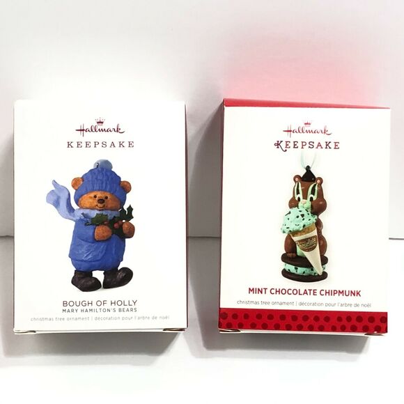 Hallmark Keepsake Ornaments Lot 2018 Bough of Holly 2013 Mint Chocolate Chipmunk - Picture 1 of 5